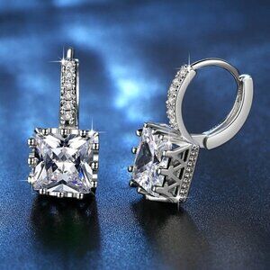 NEW 8CT Princess Cut Diamond Silver Hoop Earrings